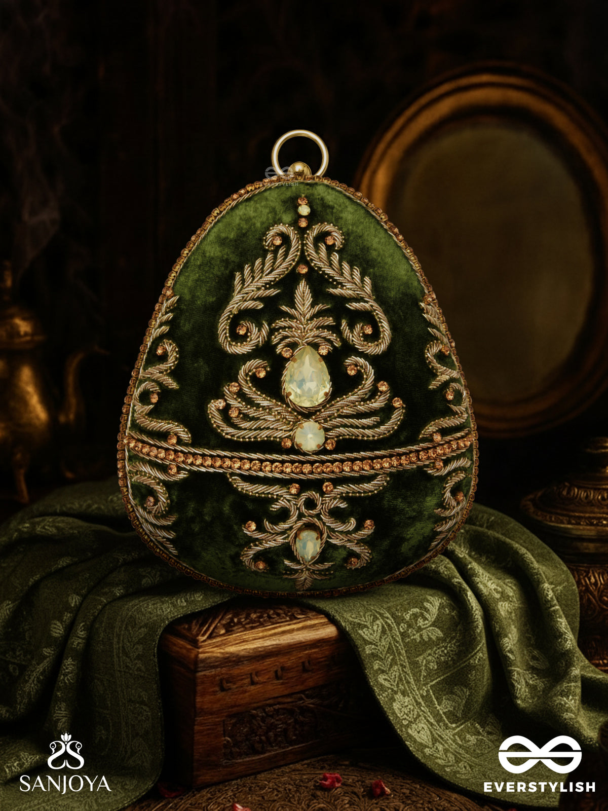 Sabreen - Oval Deep Olive Green Velvet Handle Clutch With Rich Hand Detailing And Golden Metal Frame