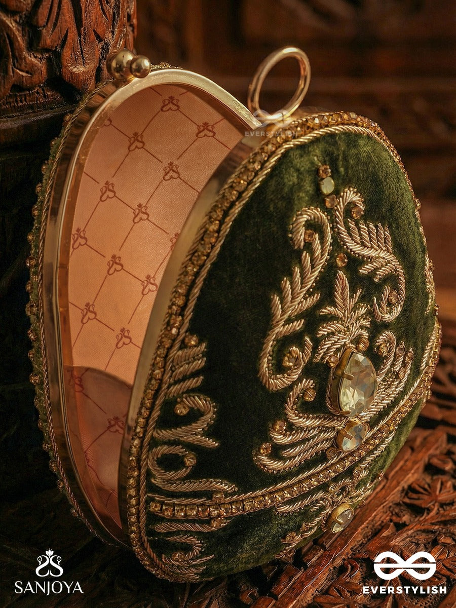 Sabreen - Oval Deep Olive Green Velvet Handle Clutch With Rich Hand Detailing And Golden Metal Frame