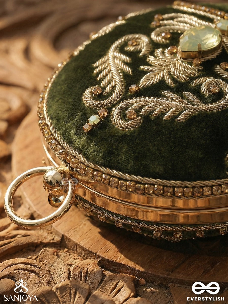Sabreen - Oval Deep Olive Green Velvet Handle Clutch With Rich Hand Detailing And Golden Metal Frame