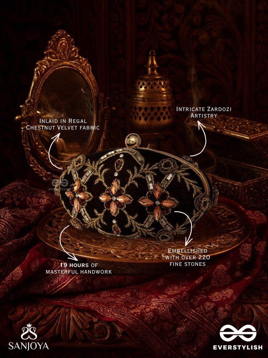Rohini – Polished Bronze Brown Textile Clutch With Faceted Jewel Accents And Golden Metal Frame