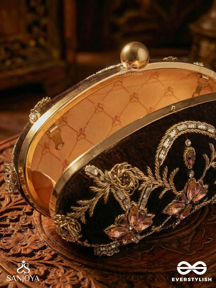 Rohini – Polished Bronze Brown Textile Clutch With Faceted Jewel Accents And Golden Metal Frame