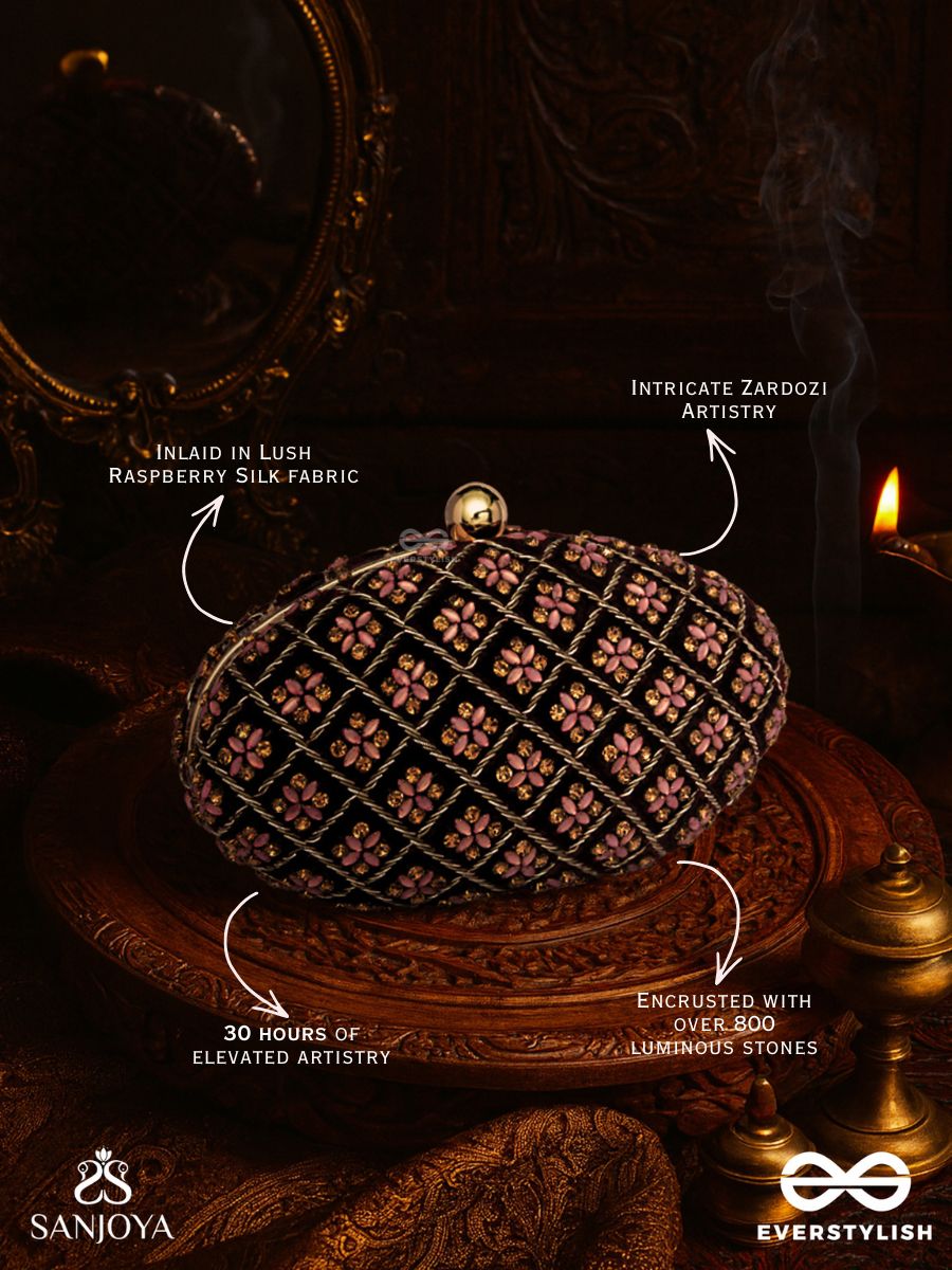 Nazrana – Curved Maroon Shade Textile Clutch With Ornamented Grid Embellishment And Golden Metal Frame
