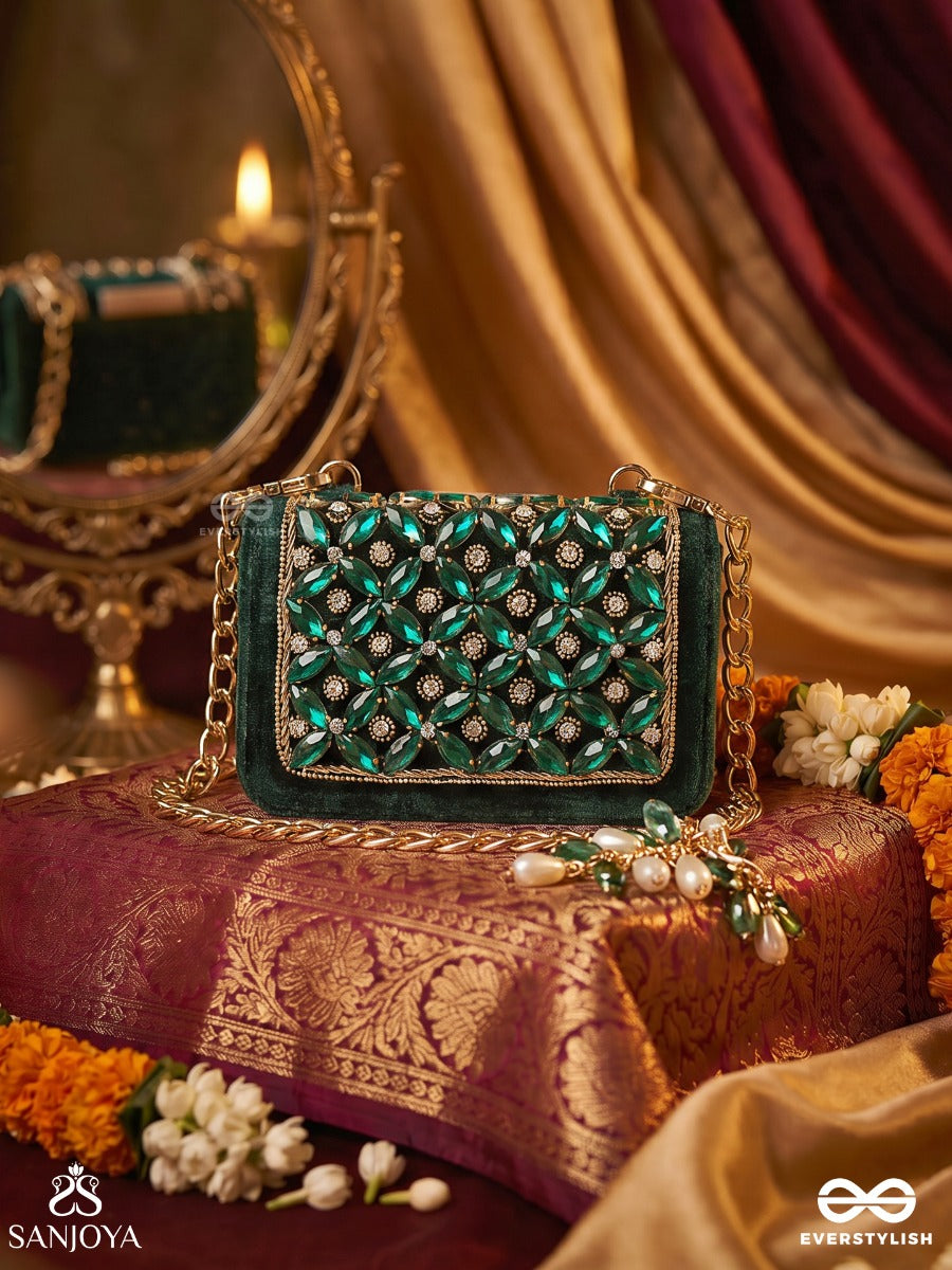 Vaibhavi – Rectangular Emerald Velvet Clutch With Ornate Gem Embellishment, Gold Framework And Bead Tassel