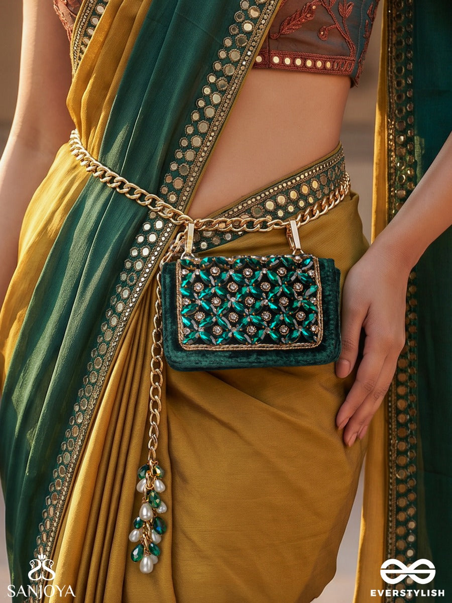 Vaibhavi – Rectangular Emerald Velvet Clutch With Ornate Gem Embellishment, Gold Framework And Bead Tassel
