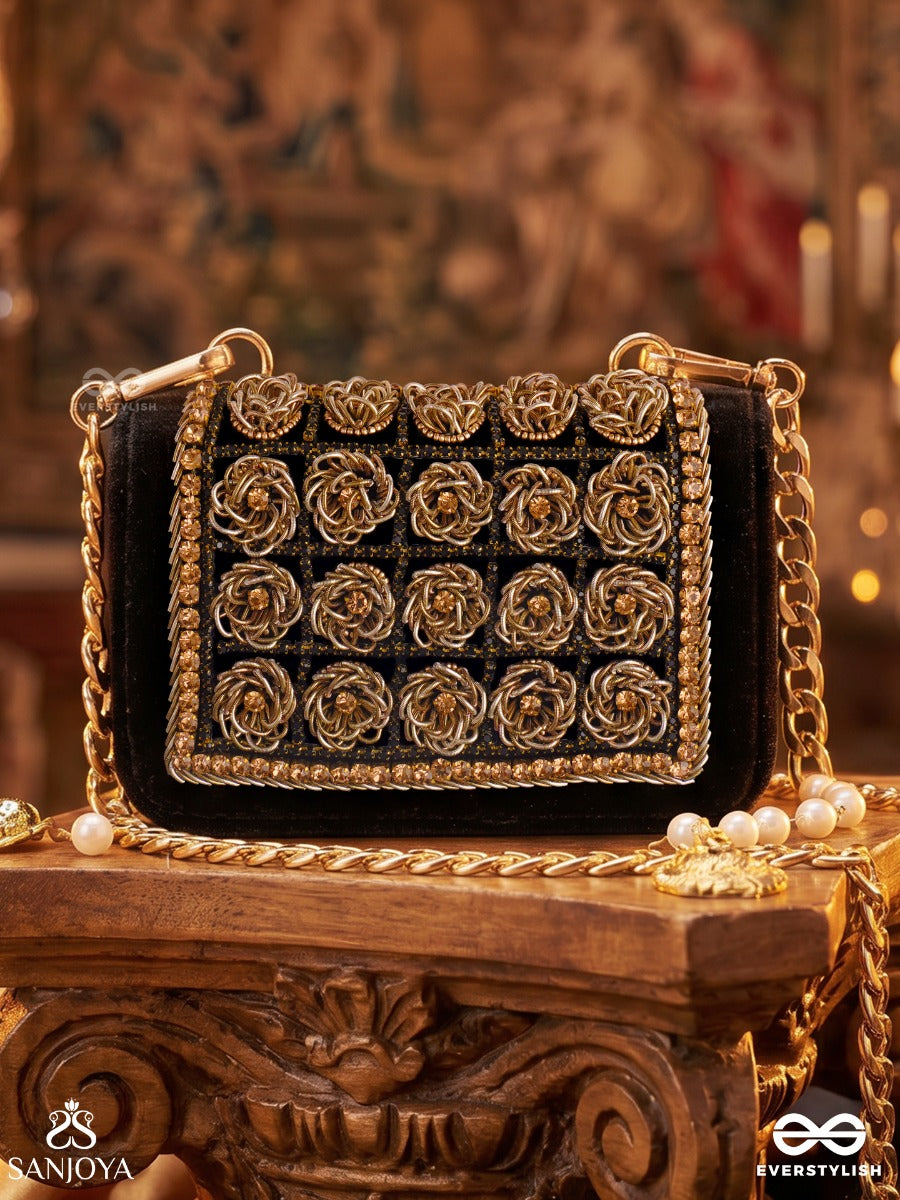 Lavanya – Rectangular Black Velvet Clutch With Gold Rose Embellishment, Ornate Framework And Bead Tassel