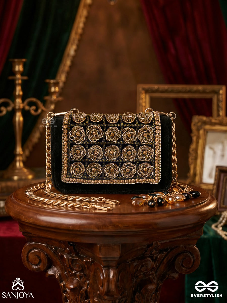 Lavanya – Rectangular Black Velvet Clutch With Gold Rose Embellishment, Ornate Framework And Bead Tassel