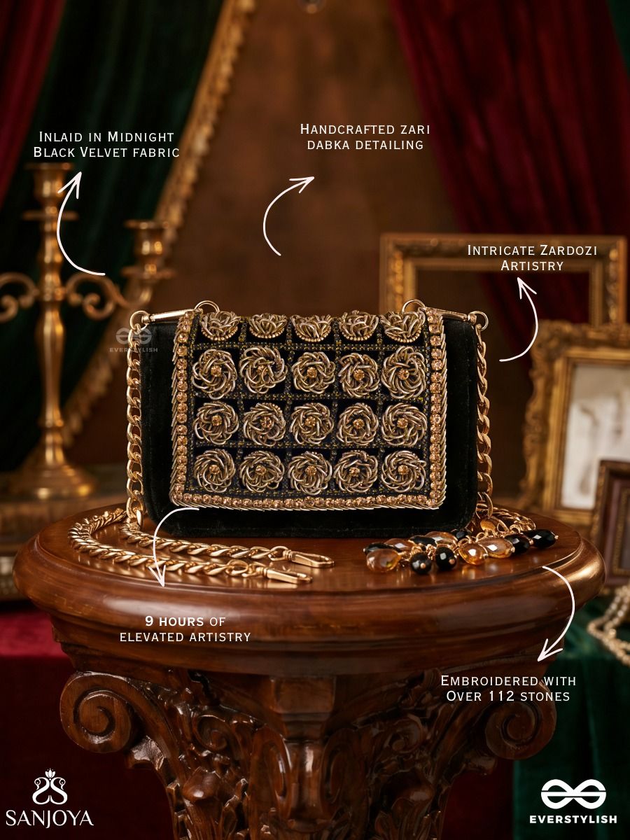 Lavanya – Rectangular Black Velvet Clutch With Gold Rose Embellishment, Ornate Framework And Bead Tassel