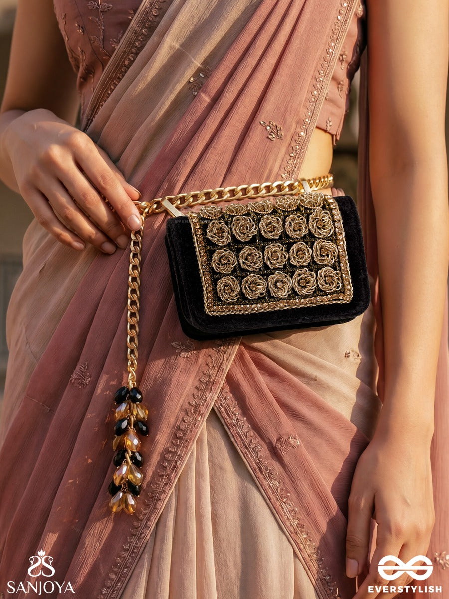 Lavanya – Rectangular Black Velvet Clutch With Gold Rose Embellishment, Ornate Framework And Bead Tassel