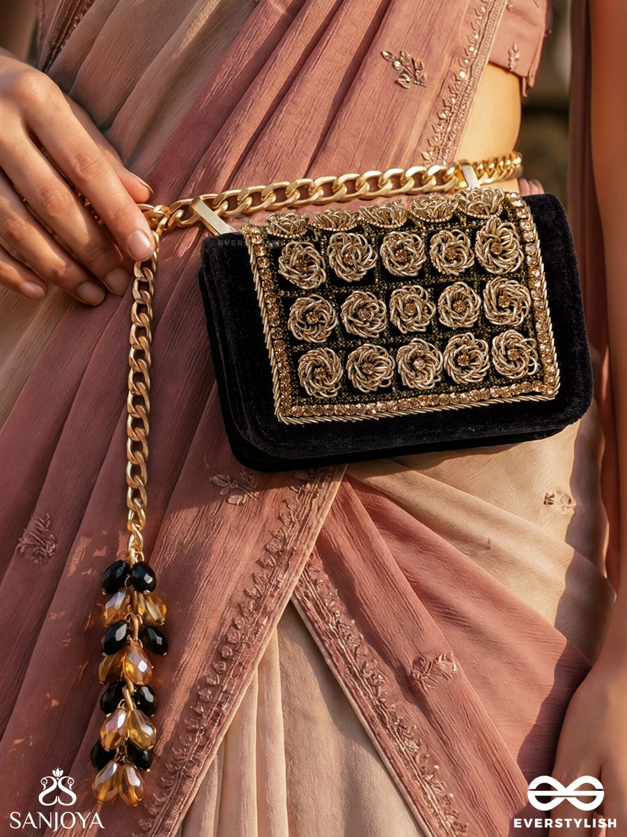 Lavanya – Rectangular Black Velvet Clutch With Gold Rose Embellishment, Ornate Framework And Bead Tassel