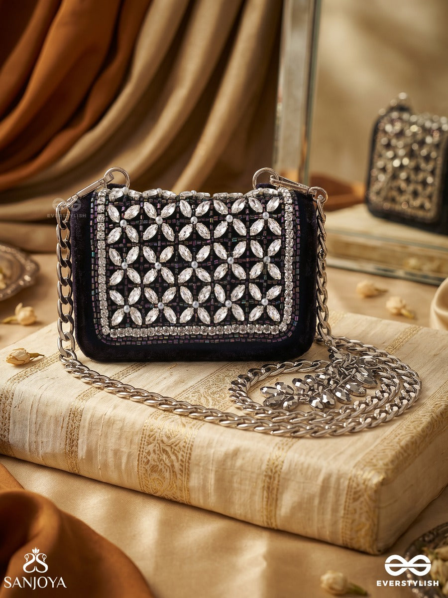 Tarakshi – Rectangular Navy Velvet Clutch With Multi Gem Mosaic Work, Crystal Trim And Silver Drop Accents