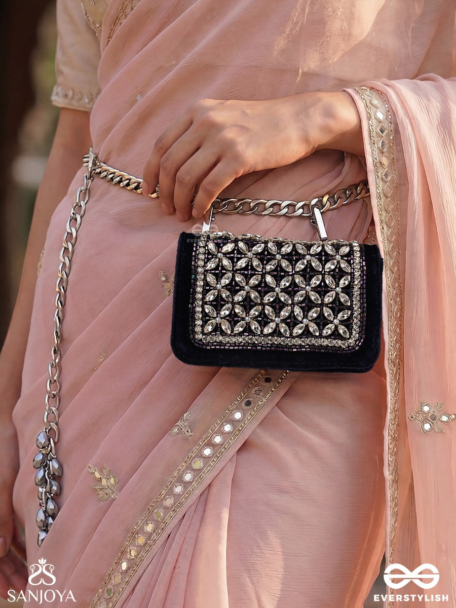Tarakshi – Rectangular Navy Velvet Clutch With Multi Gem Mosaic Work, Crystal Trim And Silver Drop Accents