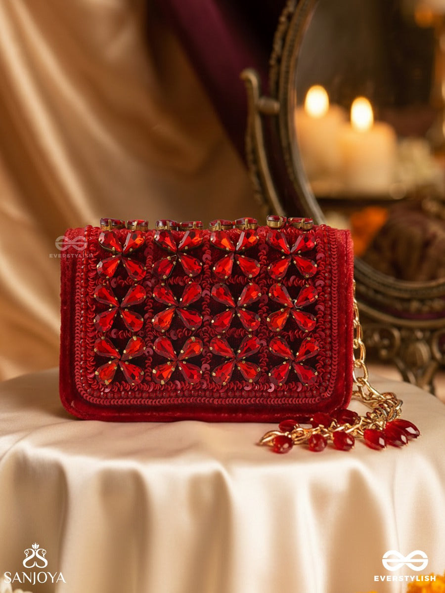 Suramanjari – Rectangular Crimson Velvet Clutch With Gem Mosaic Panel, Crystal Trim And Red Drop Accents