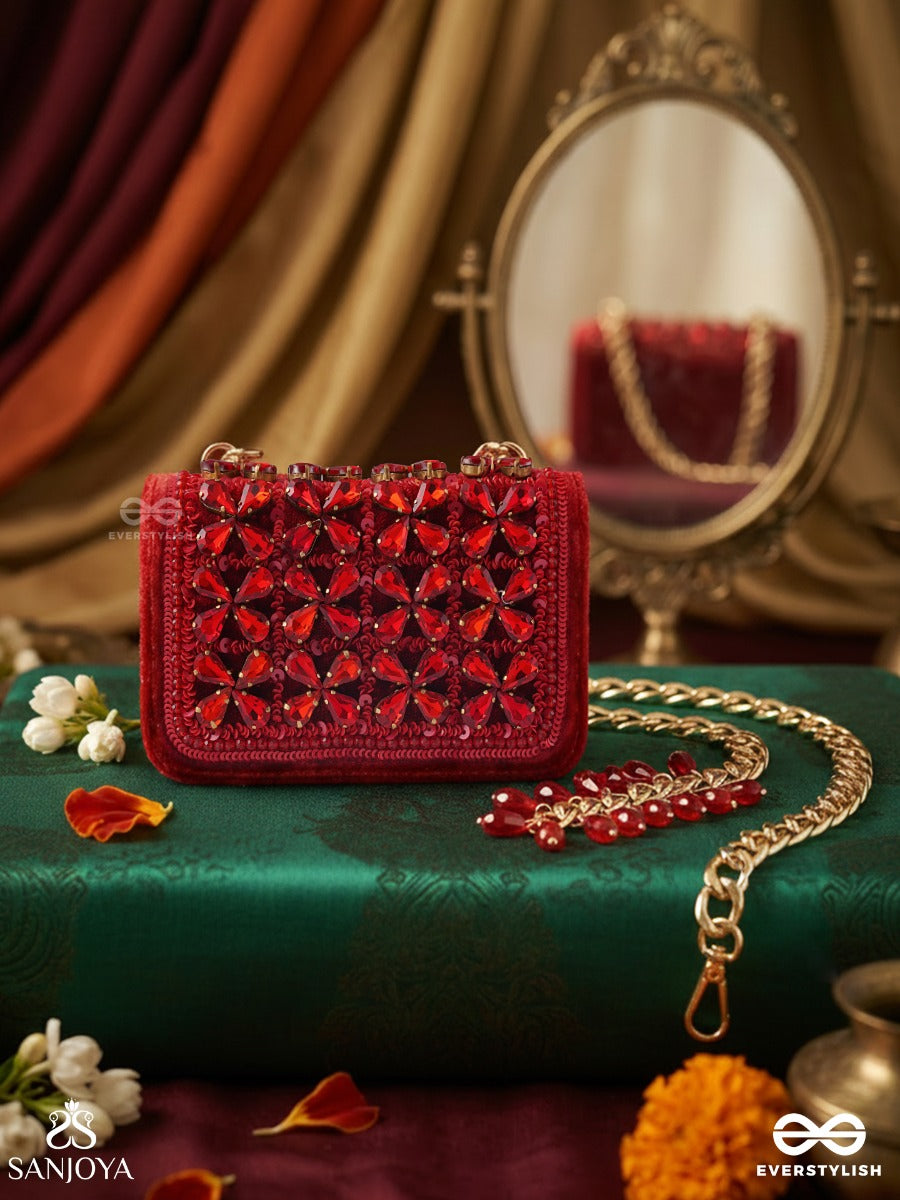 Suramanjari – Rectangular Crimson Velvet Clutch With Gem Mosaic Panel, Crystal Trim And Red Drop Accents