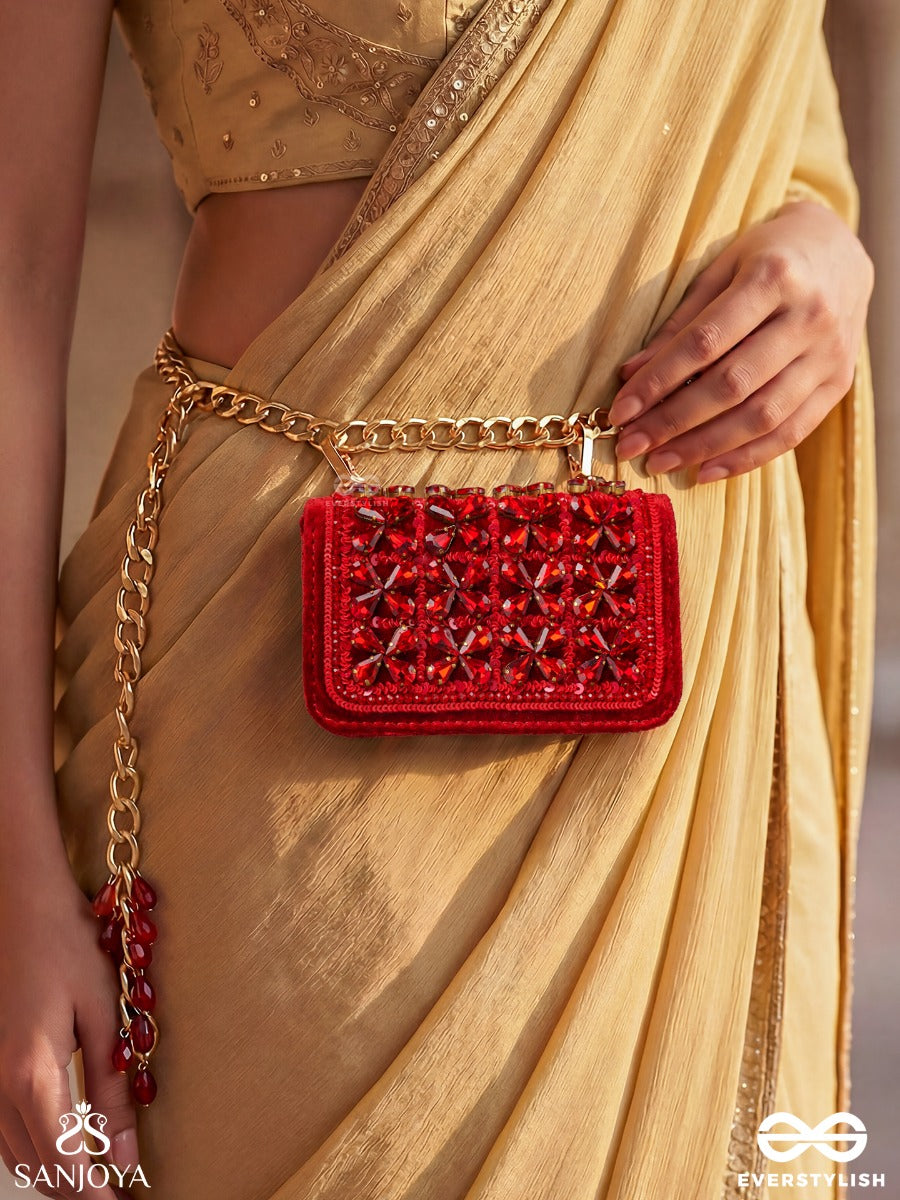 Suramanjari – Rectangular Crimson Velvet Clutch With Gem Mosaic Panel, Crystal Trim And Red Drop Accents