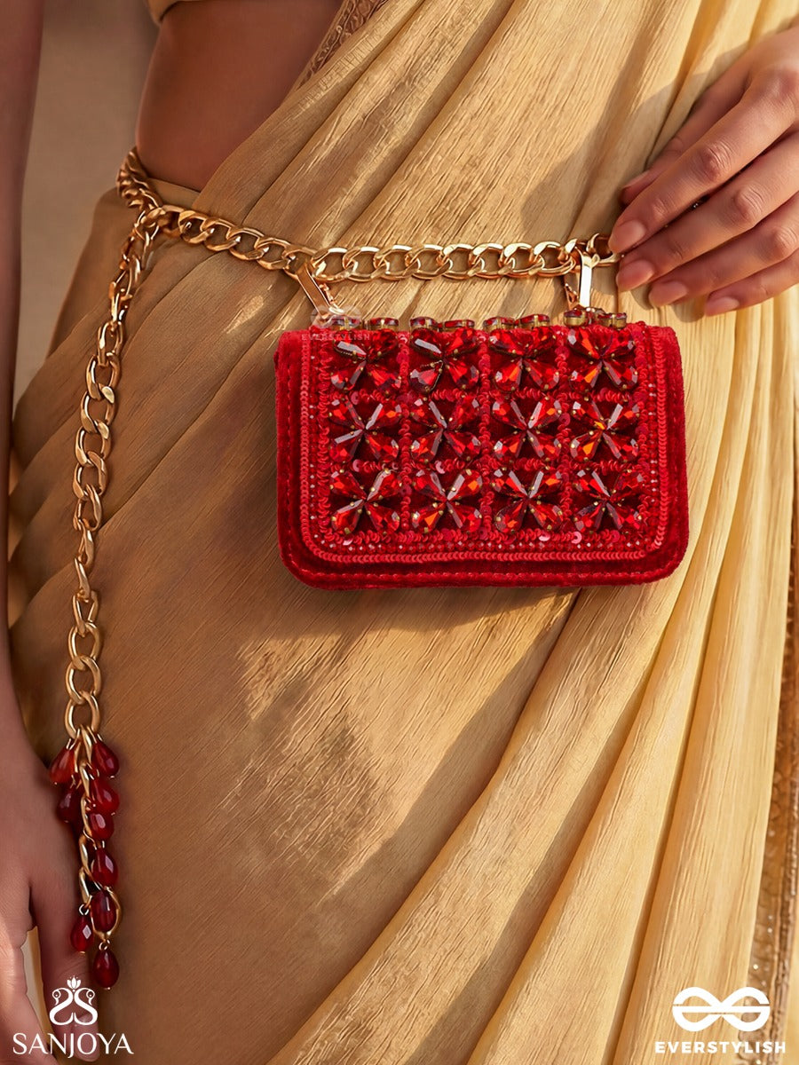 Suramanjari – Rectangular Crimson Velvet Clutch With Gem Mosaic Panel, Crystal Trim And Red Drop Accents