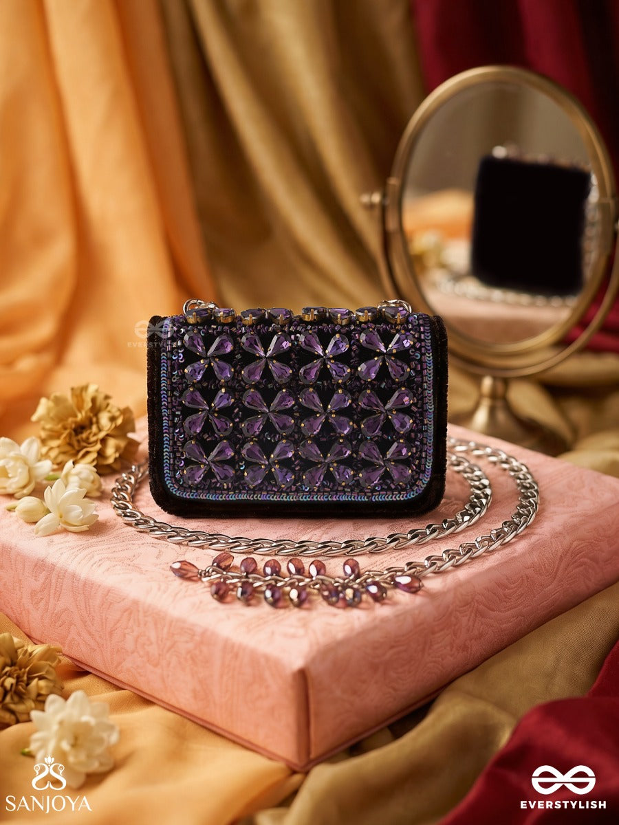 Surangana – Rectangular Violet Velvet Clutch With Purple Gem Starwork, Crystal Trim And Metal Bead Cluster
