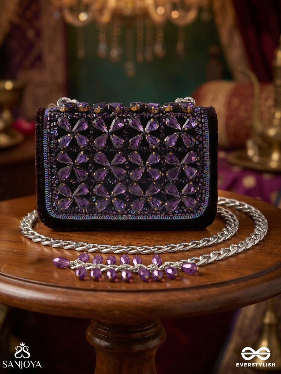 Surangana – Rectangular Violet Velvet Clutch With Purple Gem Starwork, Crystal Trim And Metal Bead Cluster