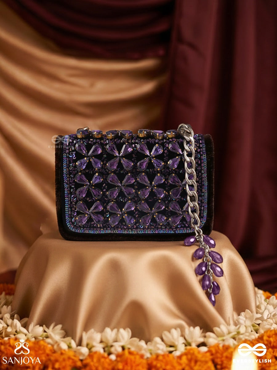 Surangana – Rectangular Violet Velvet Clutch With Purple Gem Starwork, Crystal Trim And Metal Bead Cluster