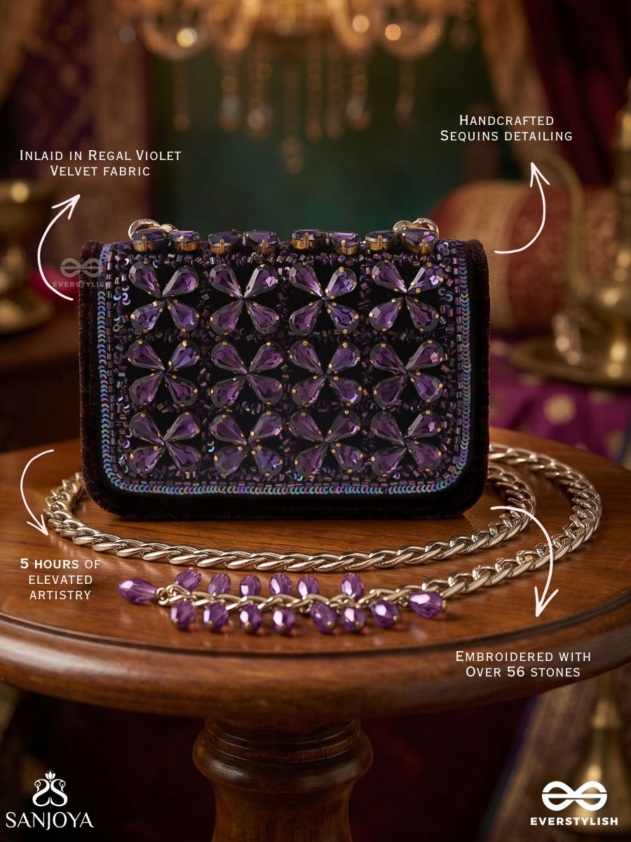 Surangana – Rectangular Violet Velvet Clutch With Purple Gem Starwork, Crystal Trim And Metal Bead Cluster