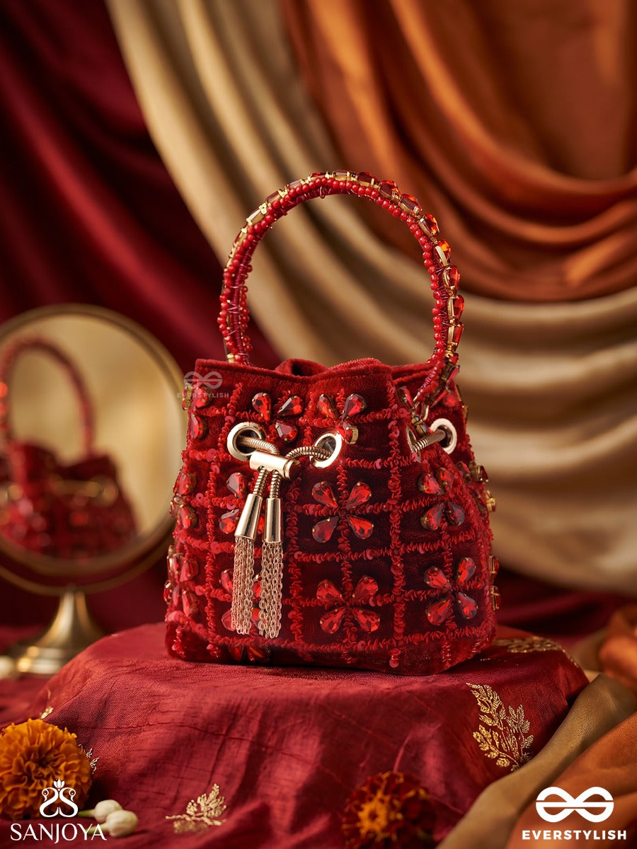 Gulrukh – Bucket Crimson Velvet Bag With Floral Sequin Embroidery, Metallic Drawstring And Embellished Handle