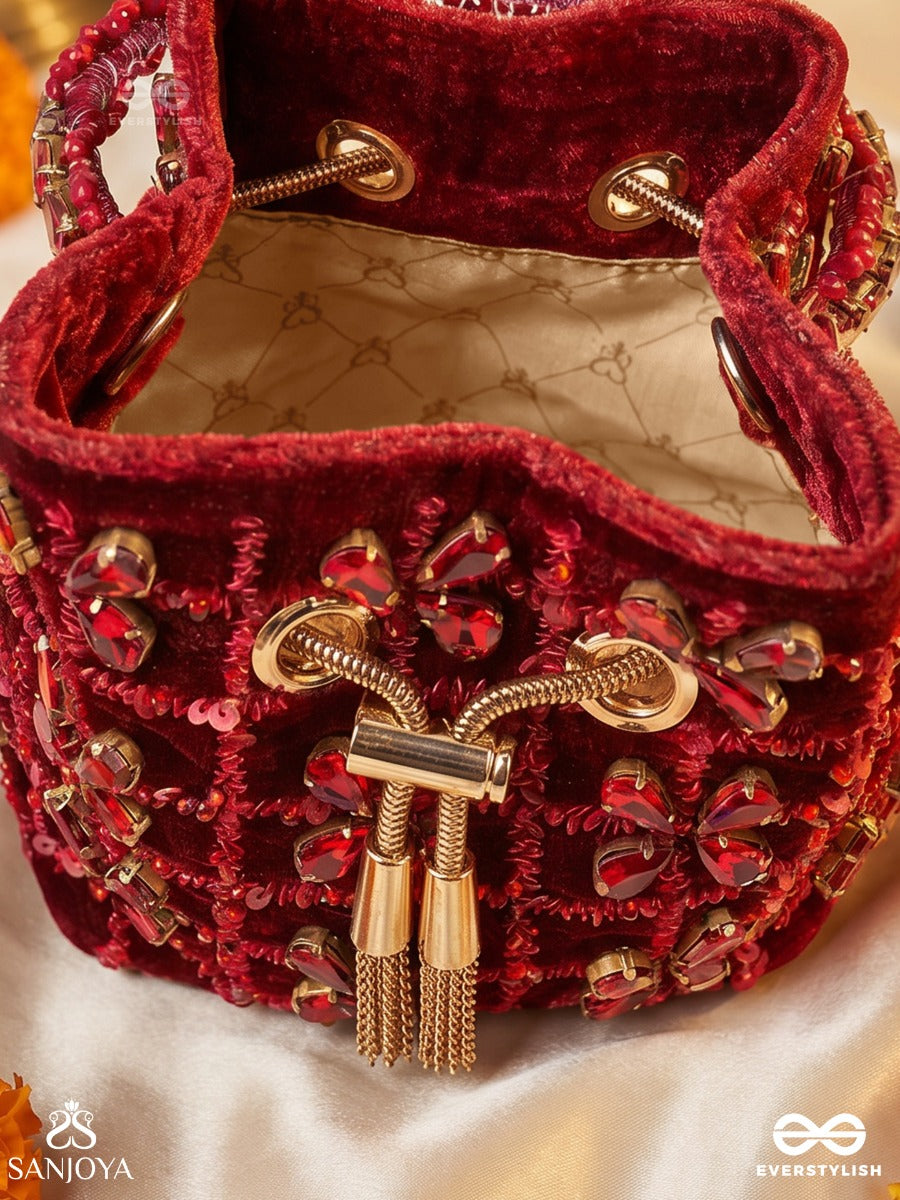 Gulrukh – Bucket Crimson Velvet Bag With Floral Sequin Embroidery, Metallic Drawstring And Embellished Handle