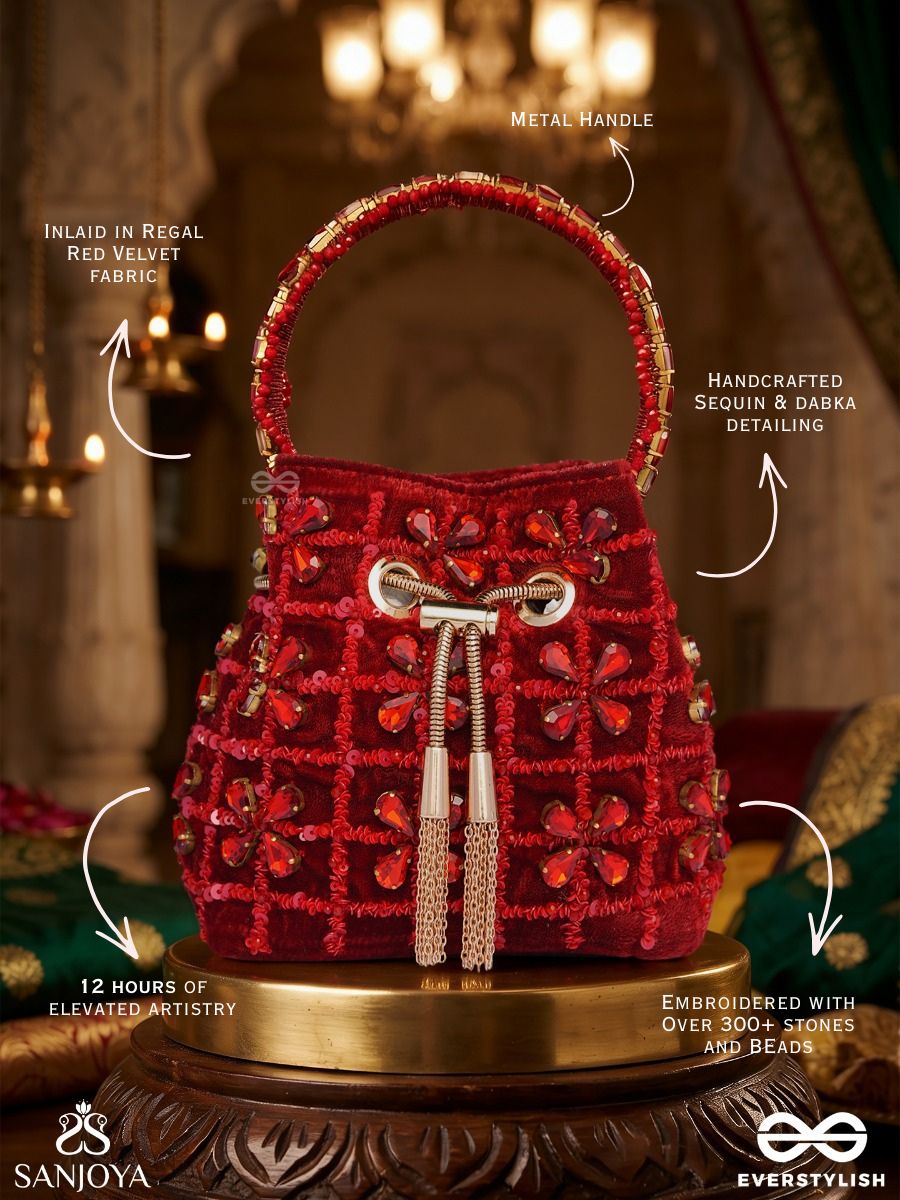 Gulrukh – Bucket Crimson Velvet Bag With Floral Sequin Embroidery, Metallic Drawstring And Embellished Handle
