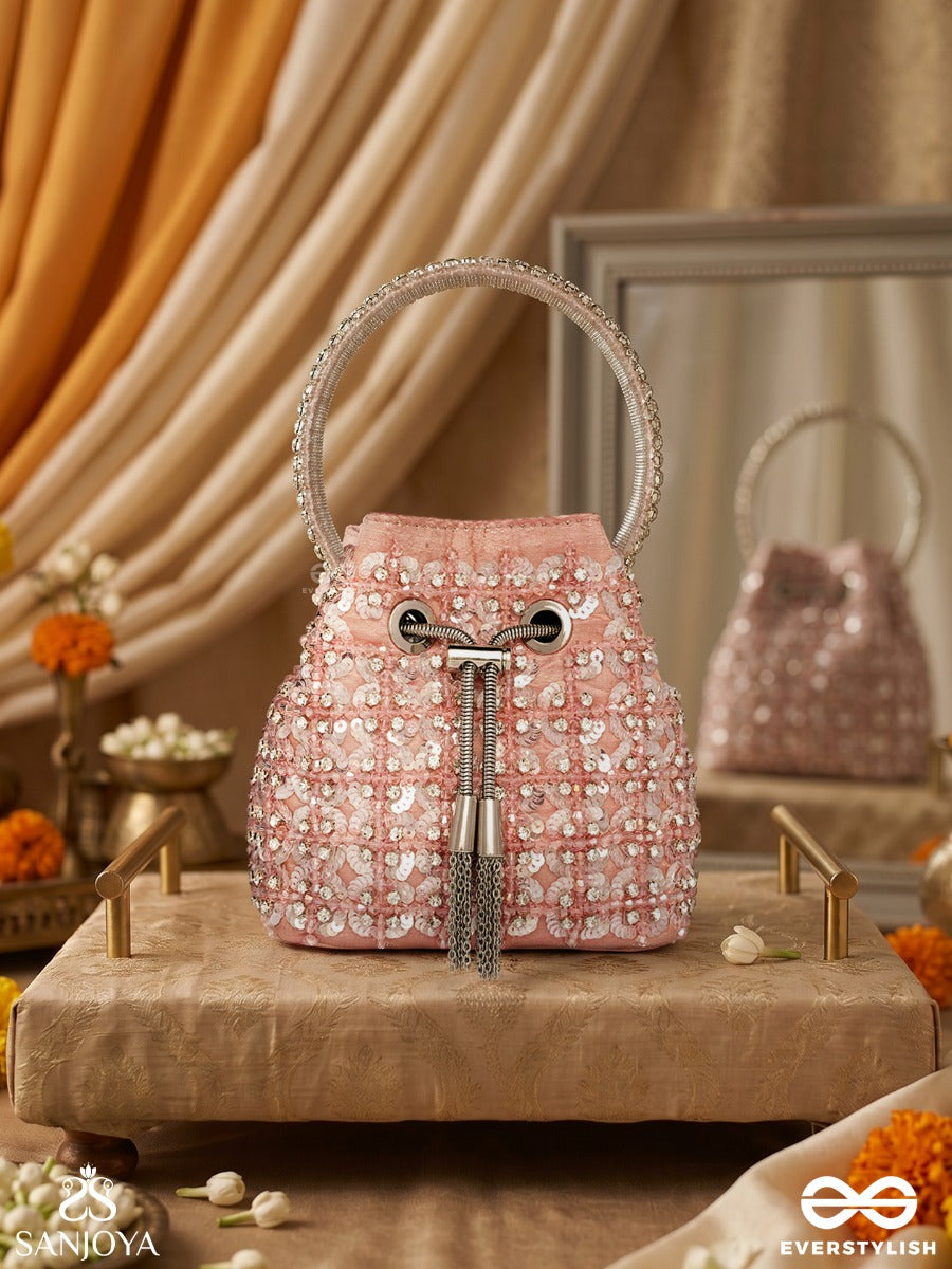 Gulrang – Bucket Blush Pink Velvet Bag With Sequin Floral Embroidery, Metallic Drawstring And Embellished Handle