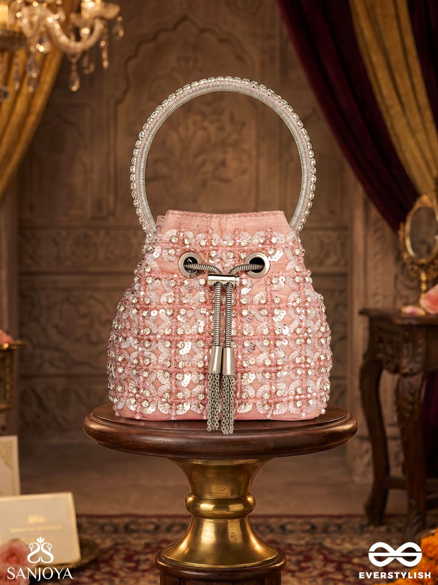 Gulrang – Bucket Blush Pink Velvet Bag With Sequin Floral Embroidery, Metallic Drawstring And Embellished Handle