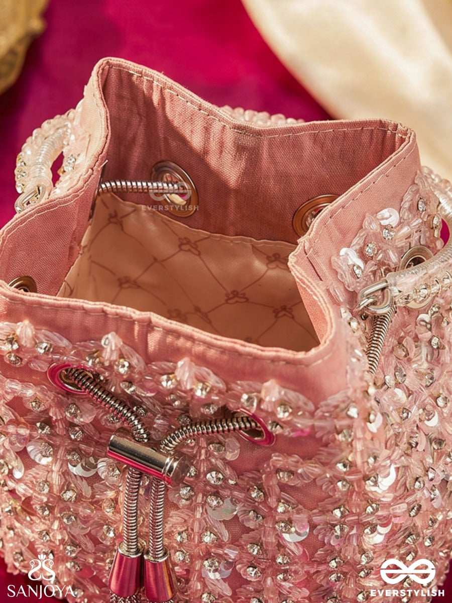 Gulrang – Bucket Blush Pink Velvet Bag With Sequin Floral Embroidery, Metallic Drawstring And Embellished Handle