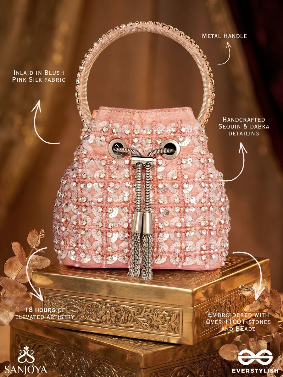 Gulrang – Bucket Blush Pink Velvet Bag With Sequin Floral Embroidery, Metallic Drawstring And Embellished Handle