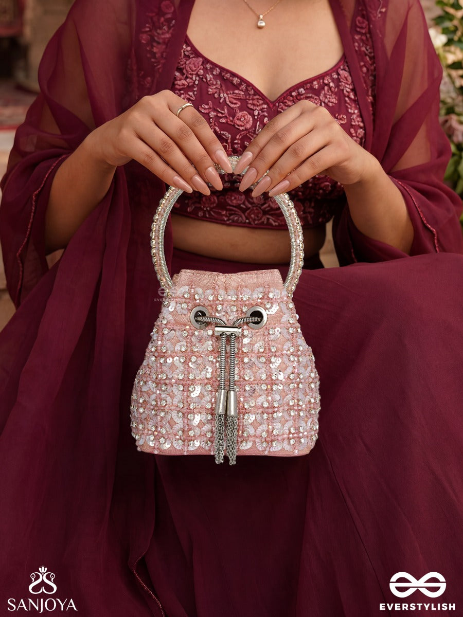 Gulrang – Bucket Blush Pink Velvet Bag With Sequin Floral Embroidery, Metallic Drawstring And Embellished Handle