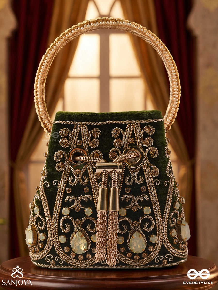 Zarbafta – Bucket Forest Green Velvet Bag With Intricate Threadwork, Braided Cord Closure And Embellished Handle
