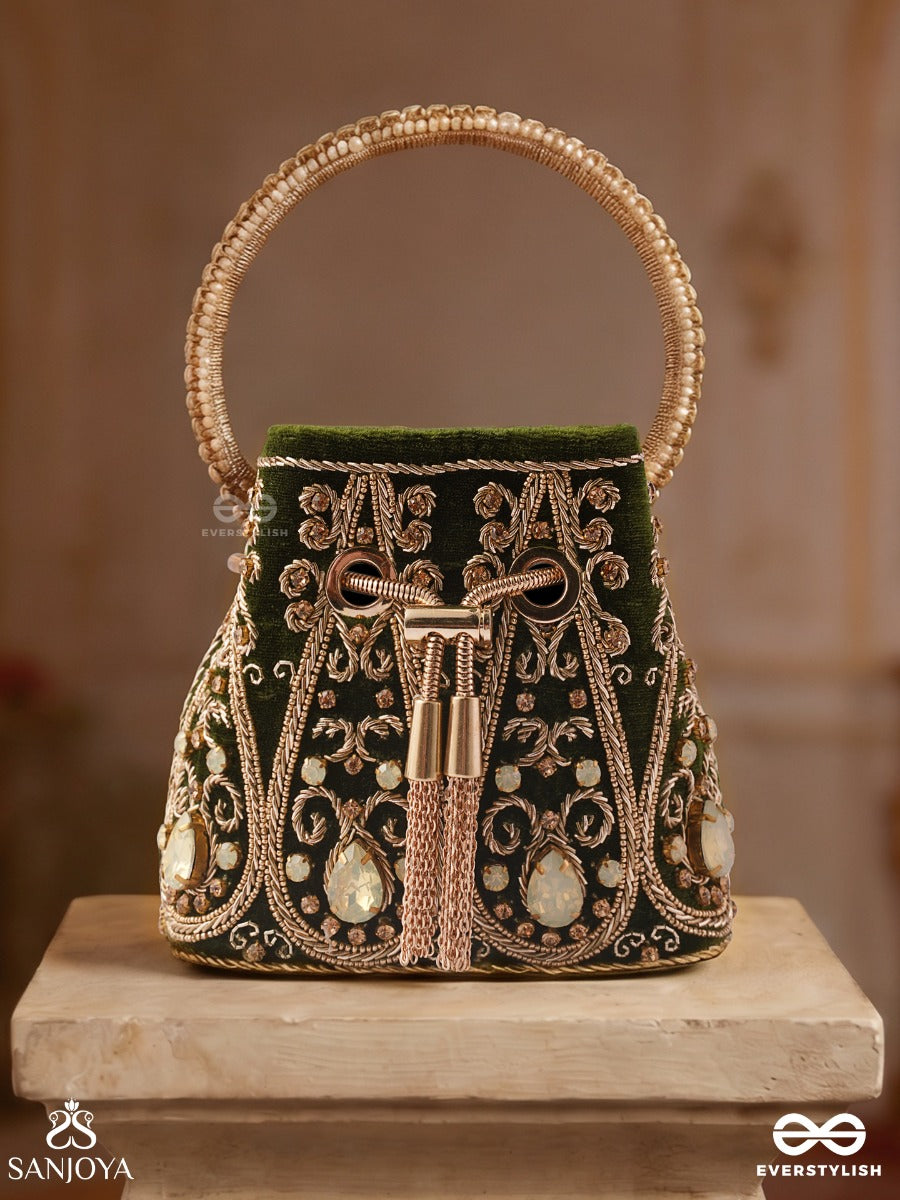Zarbafta – Bucket Forest Green Velvet Bag With Intricate Threadwork, Braided Cord Closure And Embellished Handle