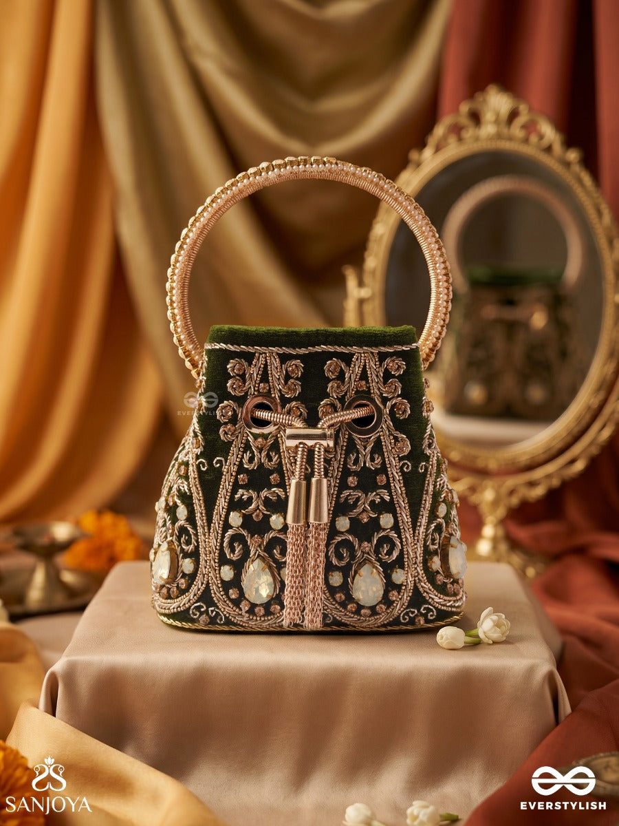 Zarbafta – Bucket Forest Green Velvet Bag With Intricate Threadwork, Braided Cord Closure And Embellished Handle