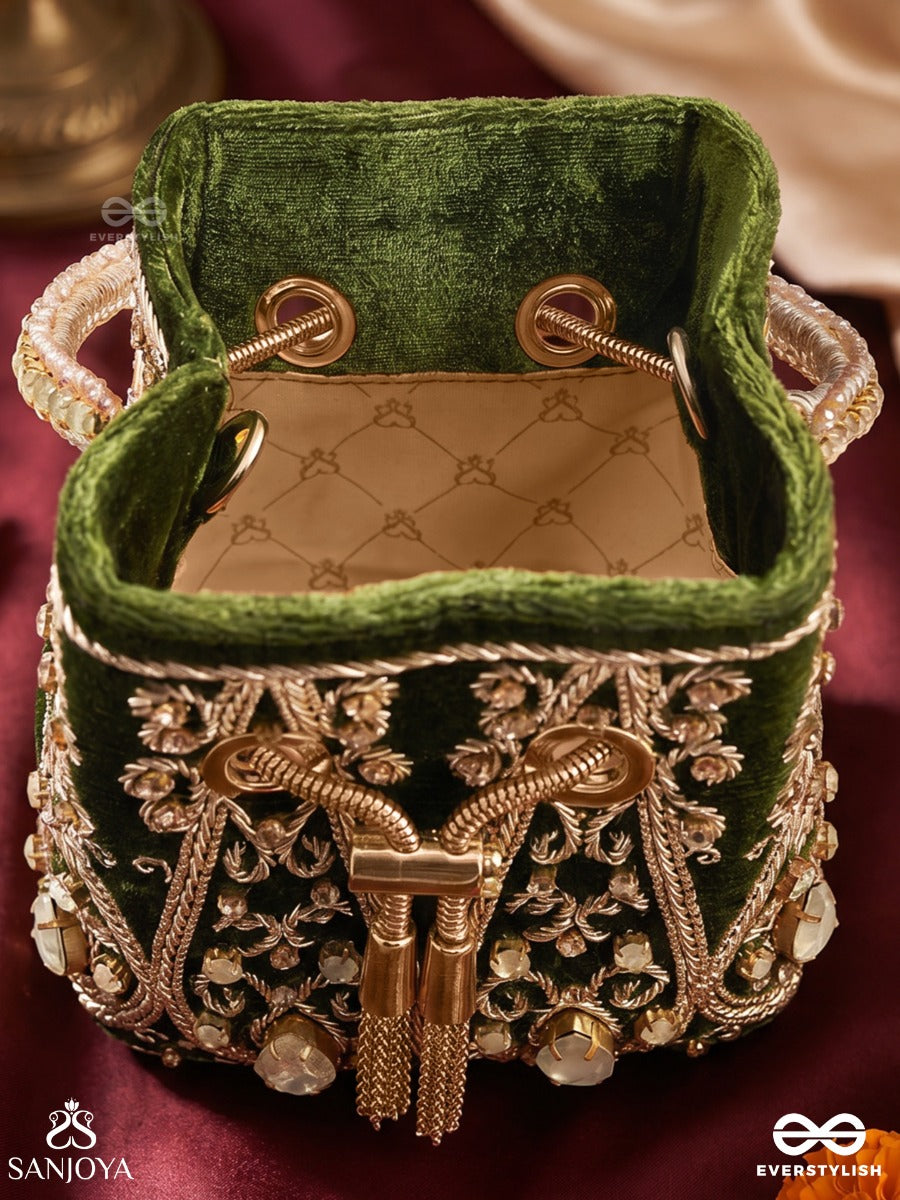 Zarbafta – Bucket Forest Green Velvet Bag With Intricate Threadwork, Braided Cord Closure And Embellished Handle