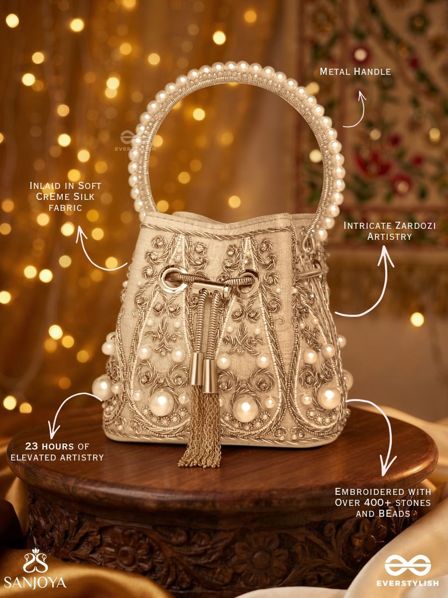 Humayra – Bucket Pale Beige Velvet Bag With Floral Pearl Work, Drawstring Closure And Decorative Ring Handle