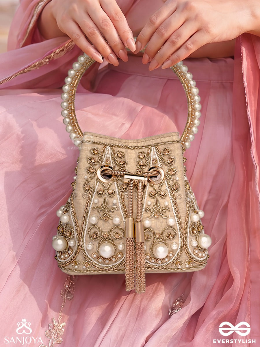Humayra – Bucket Pale Beige Velvet Bag With Floral Pearl Work, Drawstring Closure And Decorative Ring Handle
