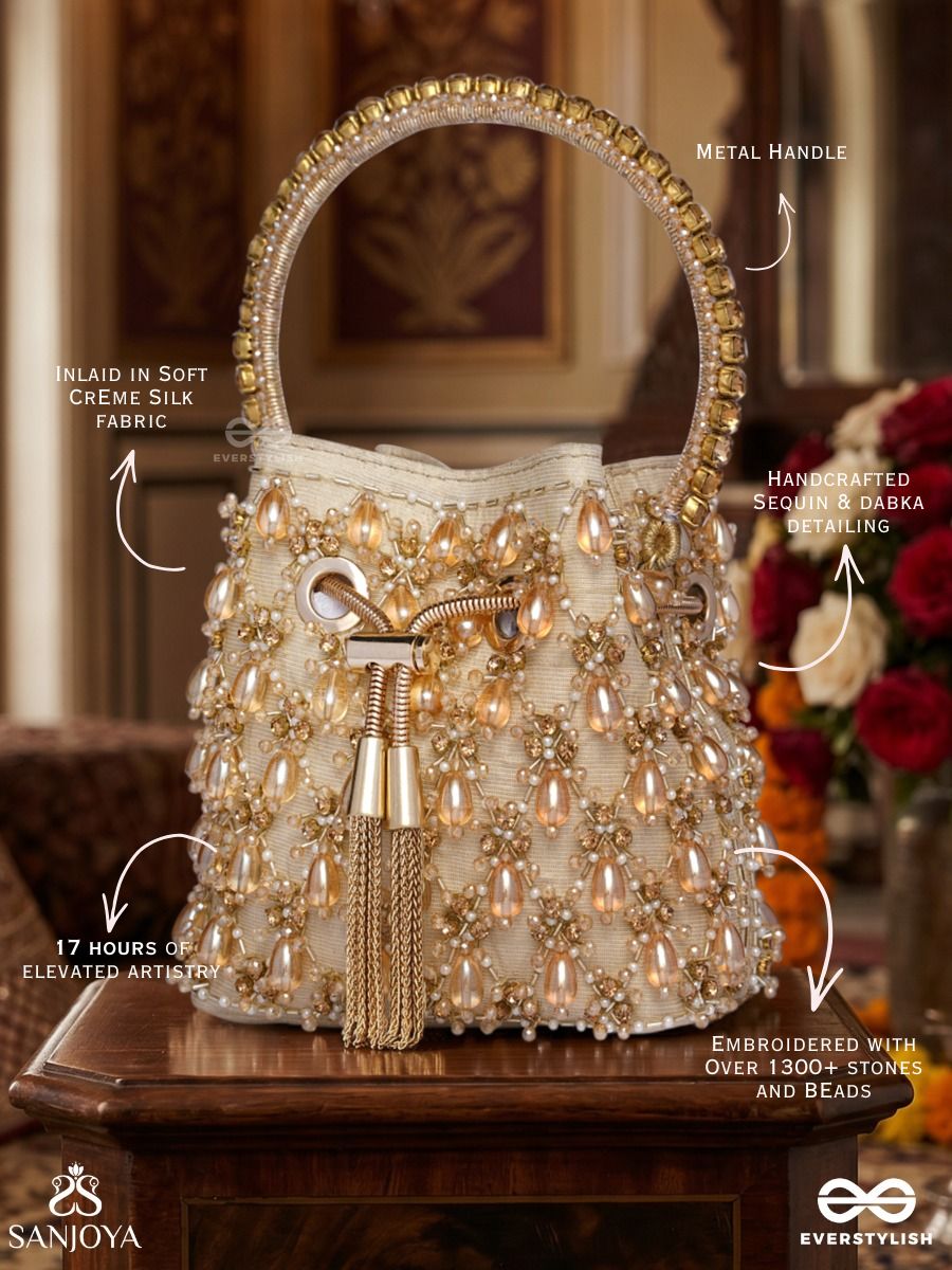 Rumana – Bucket Pale Champagne Base Bag With Cascade Pearl Detailing, Cord Lock And Embellished Handle