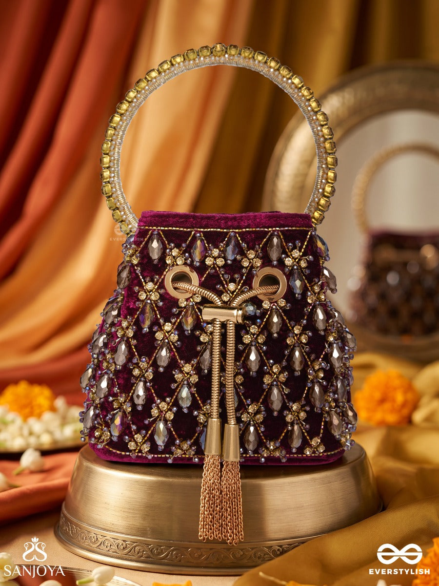 Tahira – Bucket Royal Berry Velvet Bag With Teardrop Gem Panel, Metallic Tie-Up And Ornate Handle