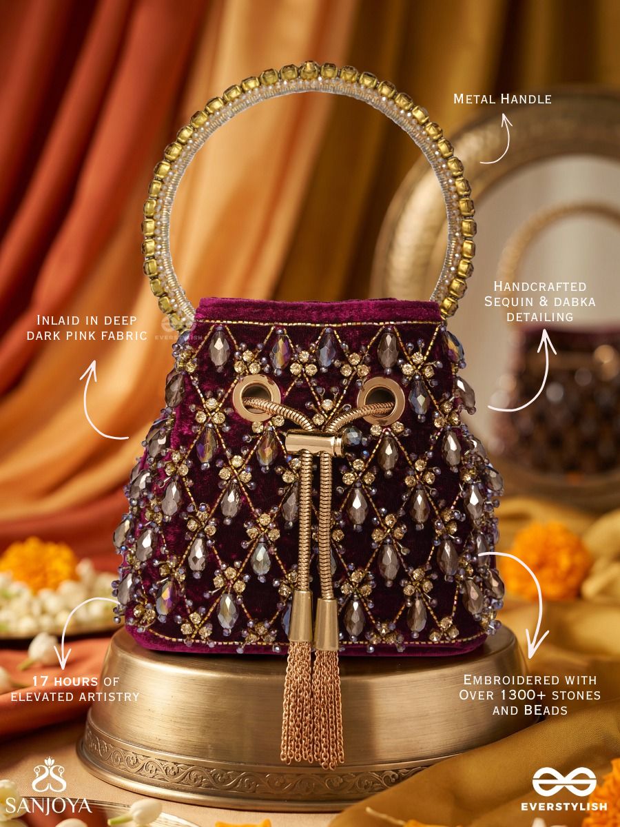 Tahira – Bucket Royal Berry Velvet Bag With Teardrop Gem Panel, Metallic Tie-Up And Ornate Handle