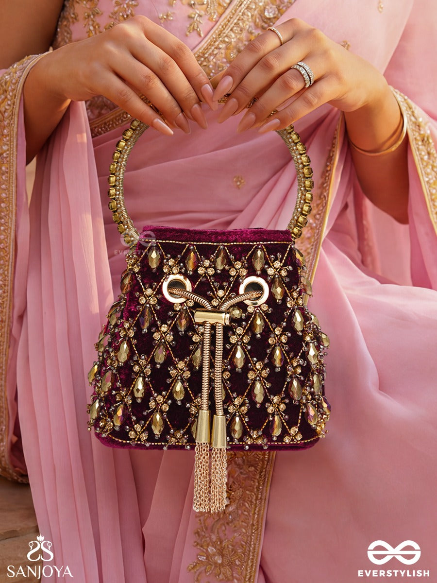 Tahira – Bucket Royal Berry Velvet Bag With Teardrop Gem Panel, Metallic Tie-Up And Ornate Handle