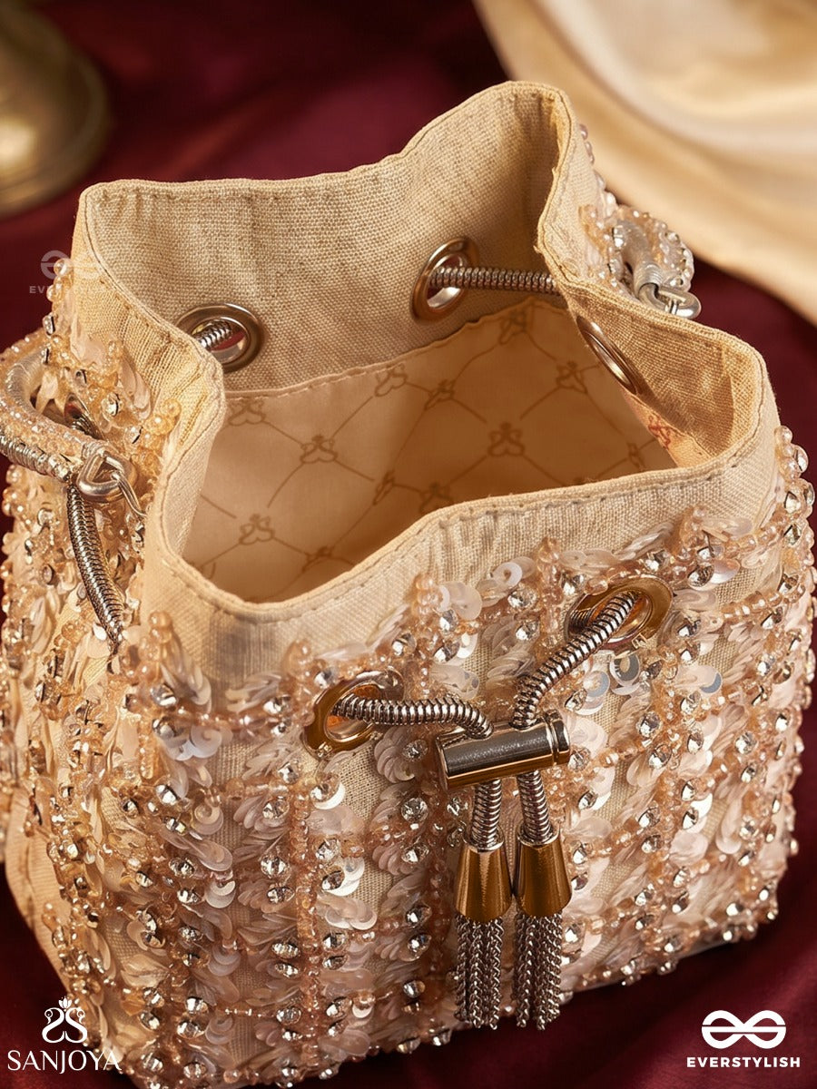 Mehryar – Bucket Ivory Base Bag With Pearl Lattice Texture, Metallic Drawstring And Ring Handle