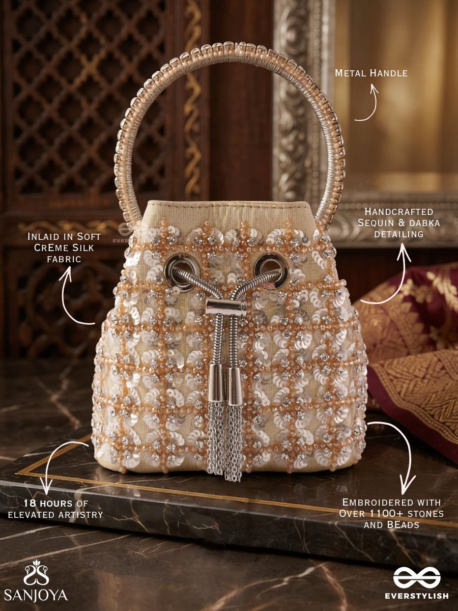 Mehryar – Bucket Ivory Base Bag With Pearl Lattice Texture, Metallic Drawstring And Ring Handle