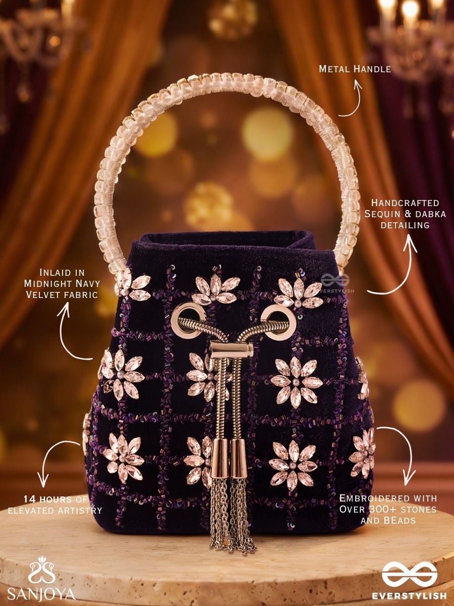 Zarqash – Bucket Intense Navy Velvet Bag With Stone Flower Detailing, Drawstring Fastening And Ornate Handle