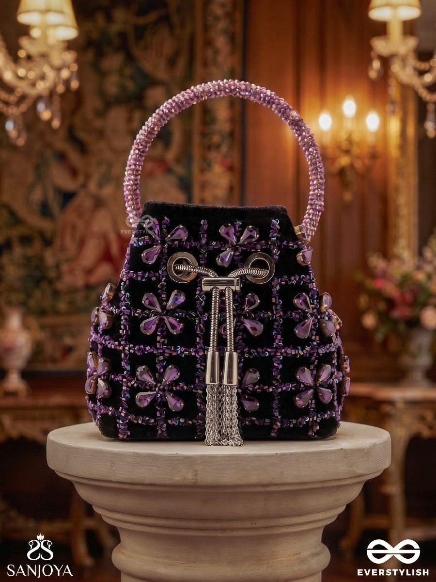 Rubaab – Bucket Dark Velvet Bag With Amethyst Bloom Arrangement, Rope Tie-Up And Decorative Handle