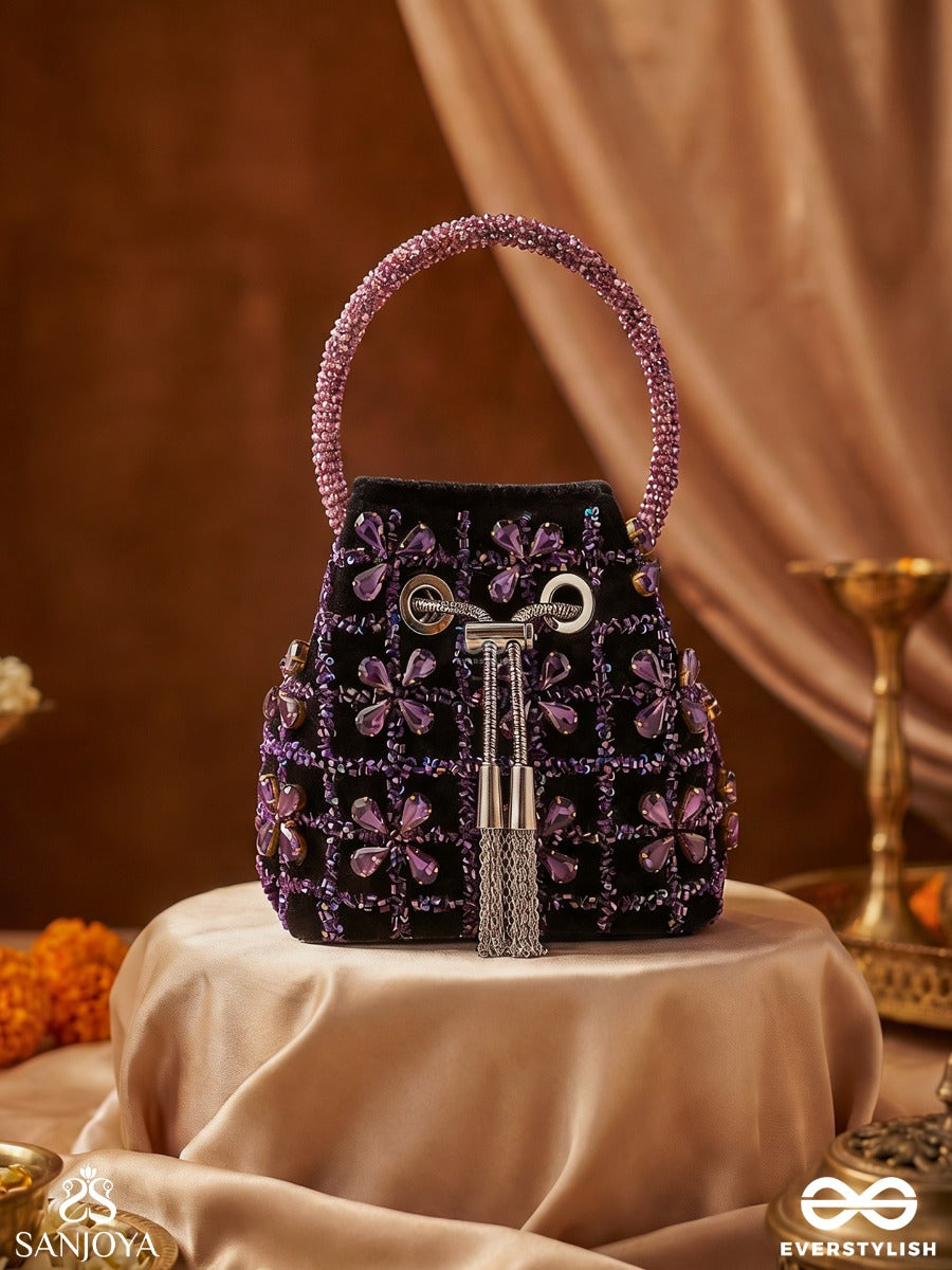 Rubaab – Bucket Dark Velvet Bag With Amethyst Bloom Arrangement, Rope Tie-Up And Decorative Handle