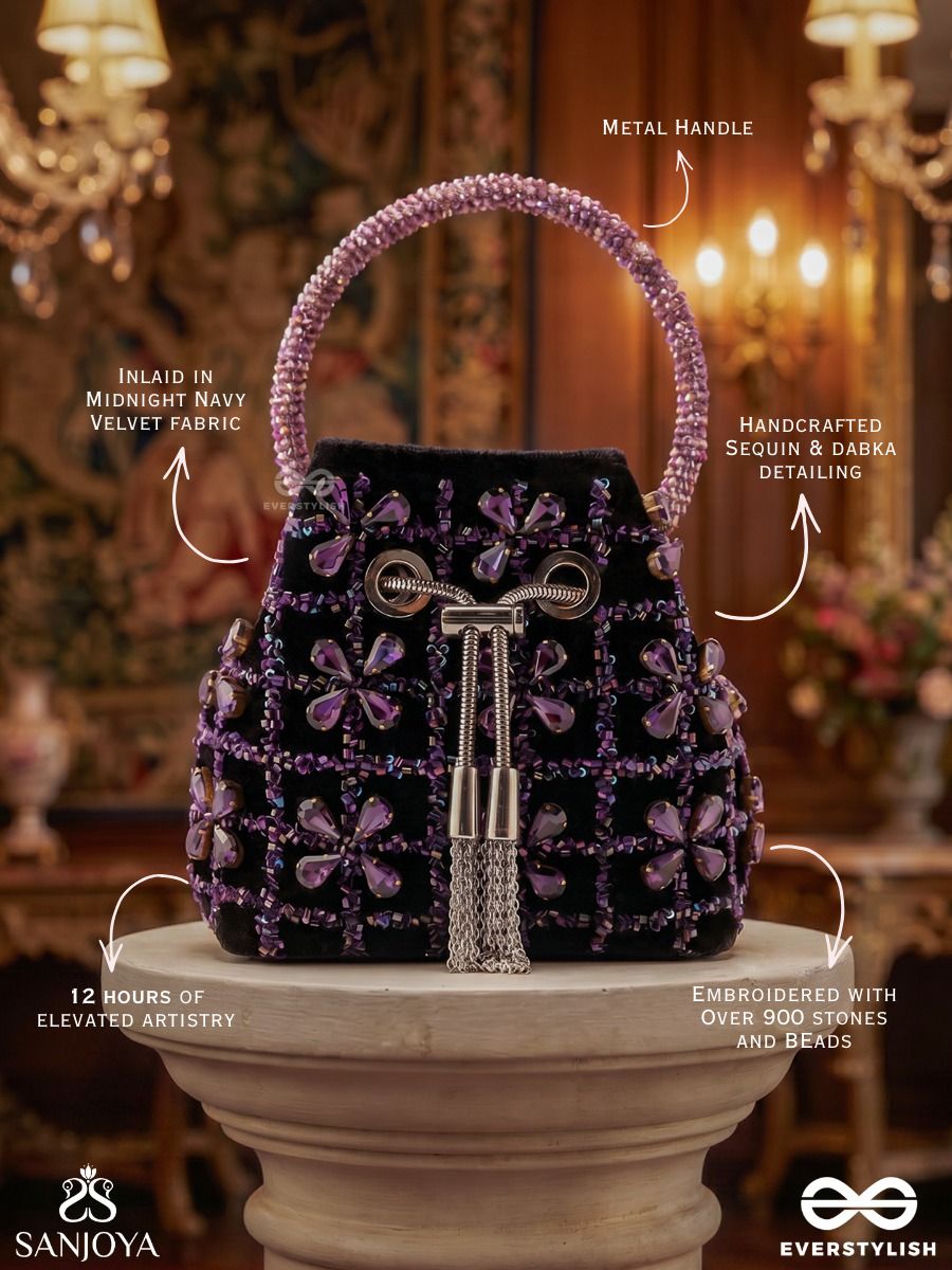 Rubaab – Bucket Dark Velvet Bag With Amethyst Bloom Arrangement, Rope Tie-Up And Decorative Handle