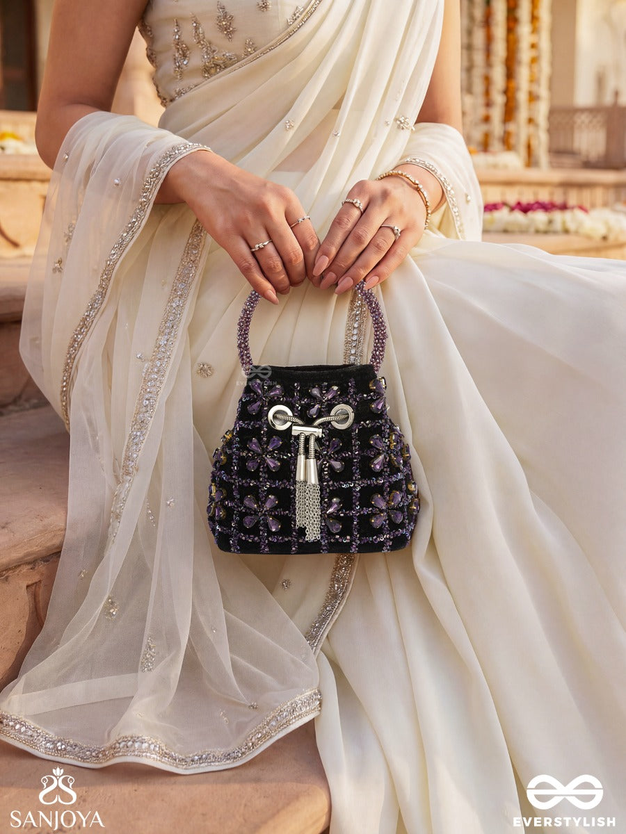 Rubaab – Bucket Dark Velvet Bag With Amethyst Bloom Arrangement, Rope Tie-Up And Decorative Handle