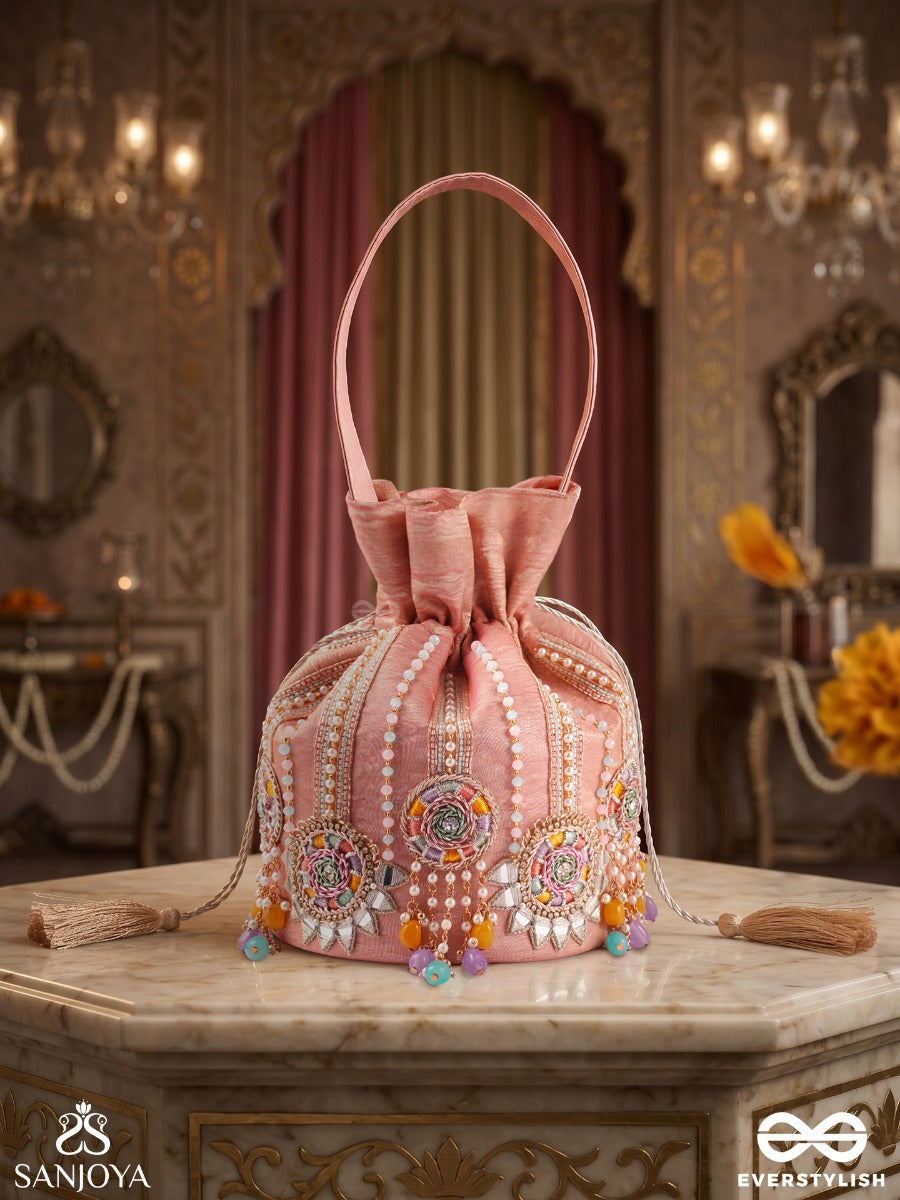 Gulyaar – Potli Blush Pink Bag With Mirror Embroidery, Multicolor Bead Accents And Tassel Tie Details