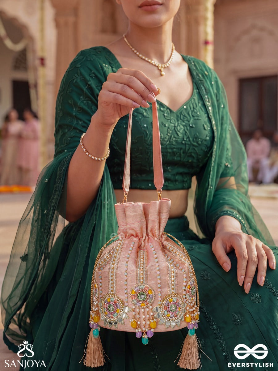Gulyaar – Potli Blush Pink Bag With Mirror Embroidery, Multicolor Bead Accents And Tassel Tie Details
